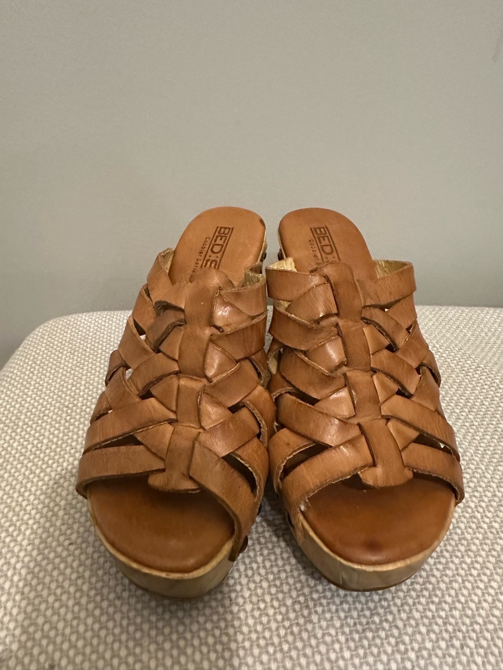 Bed Stu Cobbler Series Gina Wedge Sandals Heels Size 6 Tan Brown Leather Strappy